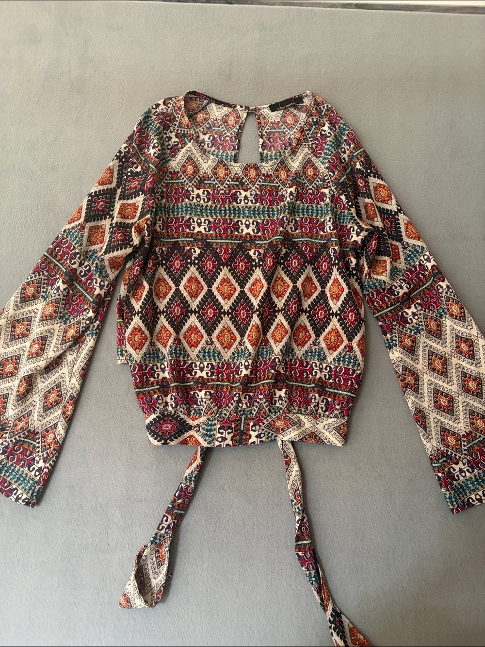 Boho Bell Sleeve Open Back Blouse with Tie Size L